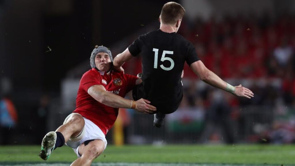 Jonathan Davies tackles Jordie Barrett during the Lions 15-15 draw with the All Blacks at Eden Park. Photograph: David Rogers/Getty