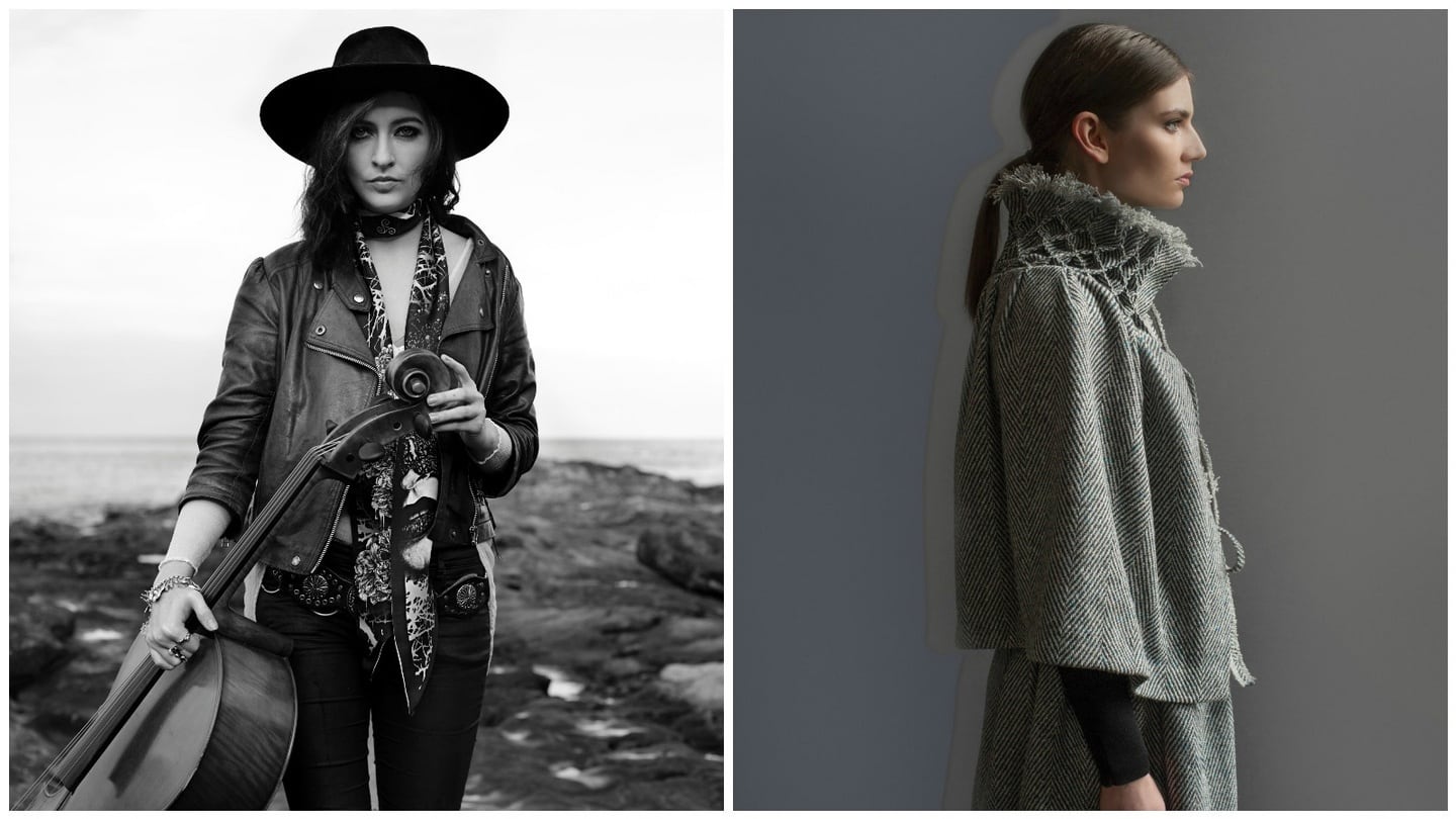 Scarf by Sara O’Neill, modelled by cello player with Hozier Alana Henderson, and tweed cape by Bernie Murphy