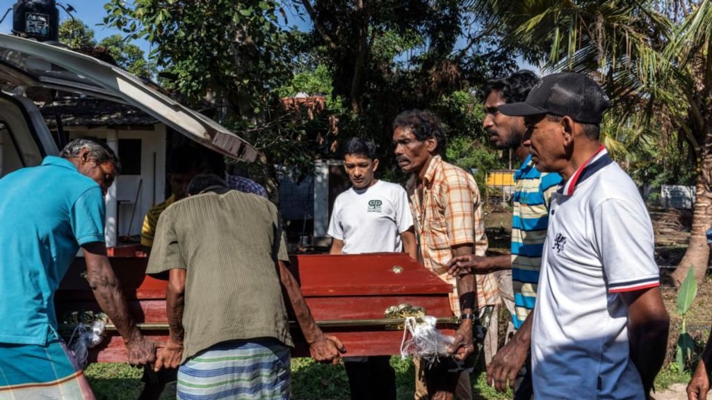 Relatives in Negombo, Sri Lanka, unload the coffin of Sneha Savindi (12) who was killed in a suicide bombing at St Sebastian’s Church on Sunday. Phototgraph: Adam Dean/The New York Times