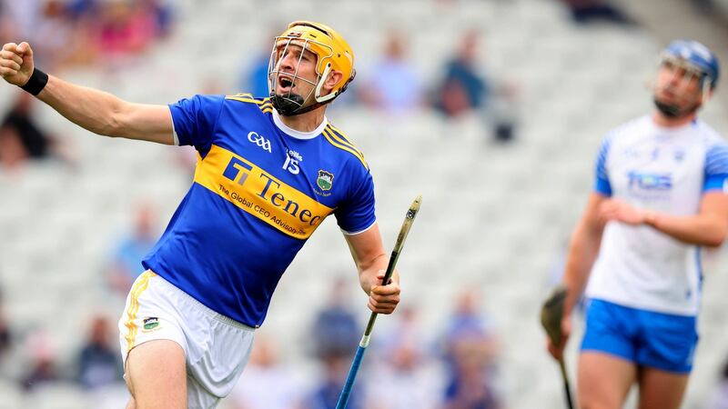 Tipperary’s Séamus Callanan celebrates scoring the second goal of the game at Páirc Uí Chaoimh. Photograph: Ryan Byrne/Inpho