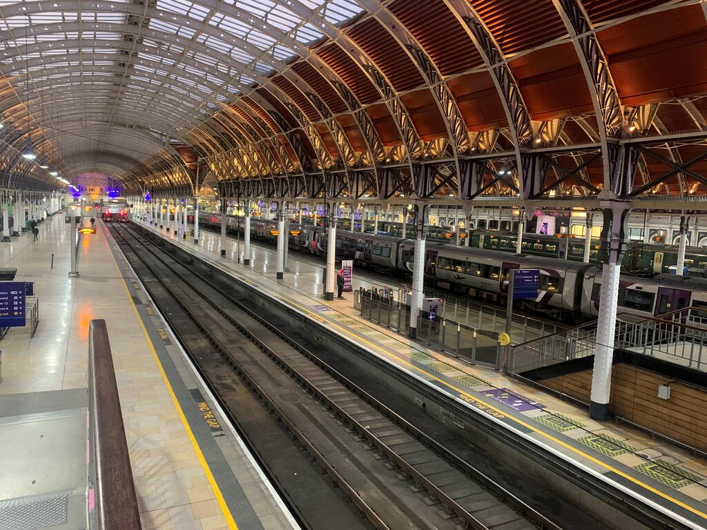 Empty platforms at Paddington Station in west London as rail workers from the Rail, Maritime and Transport and Aslef unions take strike action in a dispute over pay. Photograph: PA