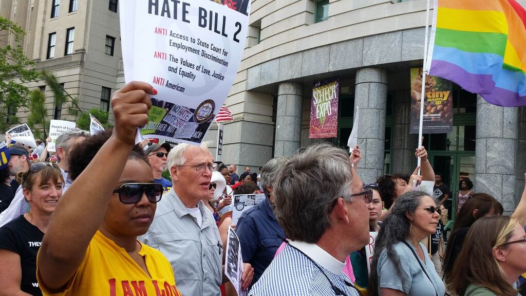 Protesters march to show their opposition against what they called ‘Hate Bill 2,’ which they urged lawmakers to repeal as legislators convened for a short session in Raleigh, North Carolina on Monday. Photograph: Marti Maguire/Reuters
