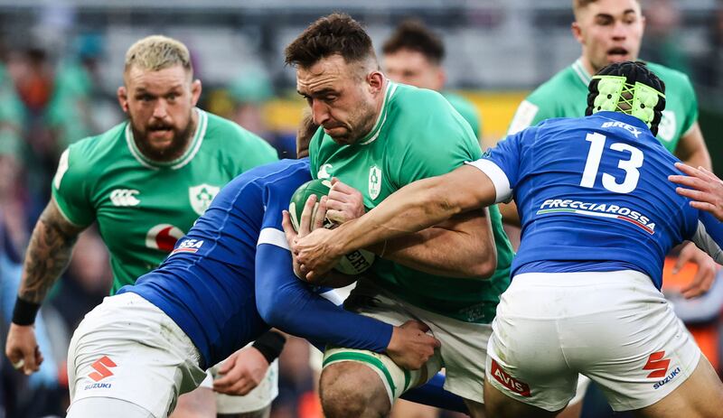 Jack Conan is tackled by Italy's Federico Ruzza and Juan Ignacio-Brex in Ireland's 36-0 victory at the Aviva Stadium last Sunday. Photograph: Ben Brady/Inpho