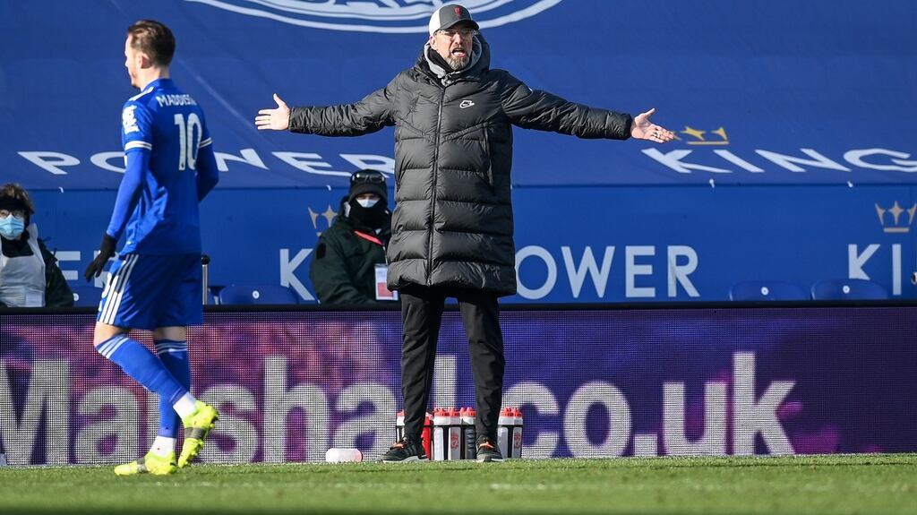 Liverpool manager Jürgen Klopp reacts during the Premier League loss to Leicester. Photo: Michael Regan/EPA