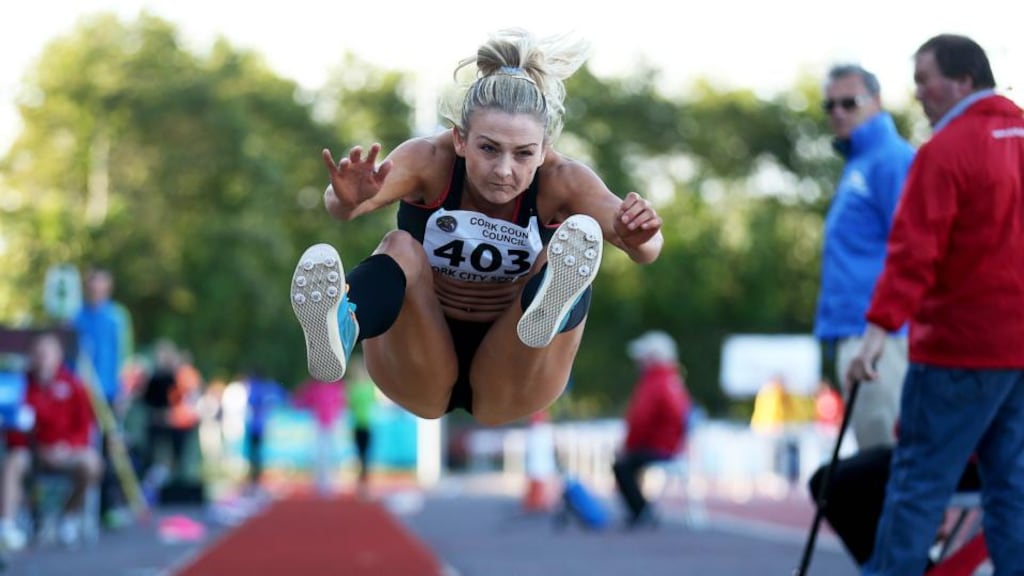 Ireland’s Kelly Proper in action during the long jump at the Cork City Sports, CIT, last night. Photograph: Donall Farmer/ Inpho