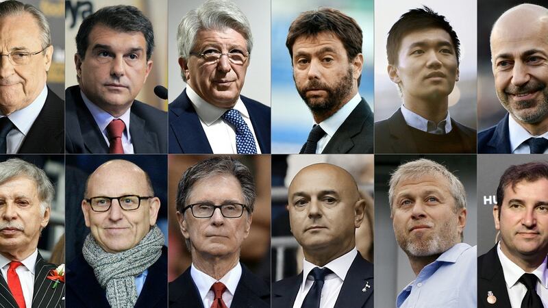 ‘The Dirty Dozen’: The owners or chairmen of the 12 clubs behind the Super League. (Left to right) Real Madrid’s Florentino Perez, FC Barcelona’s Joan Laporta, Atletico Madrid’s Enrique Cerezo, Juventus’s Andrea Agnelli, Inter Milan’s Steven Zhang, AC Milan’s Ivan Gazidis, Arsenal’s Stan Kroenke, Manchester United’s Joel Glazer, Liverpool’s John W Henry, Tottenham Hotspur’s chairman Daniel Levy, Chelsea’s Roman Abramovich, and Manchester City’s Ferran Soriano. Photo: Getty Images