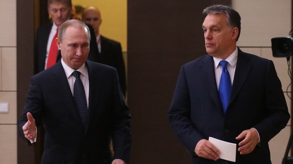 Russian president Vladimir Putin with Hungarian prime minister Viktor Orban at talks in Mosco last year: Putin will face a mixed reception when he visits Budapest on Thursday. Photograph: Mikhail Svetlov/Getty