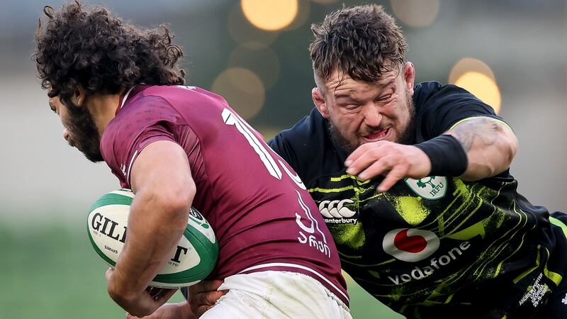 Andrew Porter tries to tackle Georgia’s Soso Matiashvili. Photograph: Gary Carr/Inpho