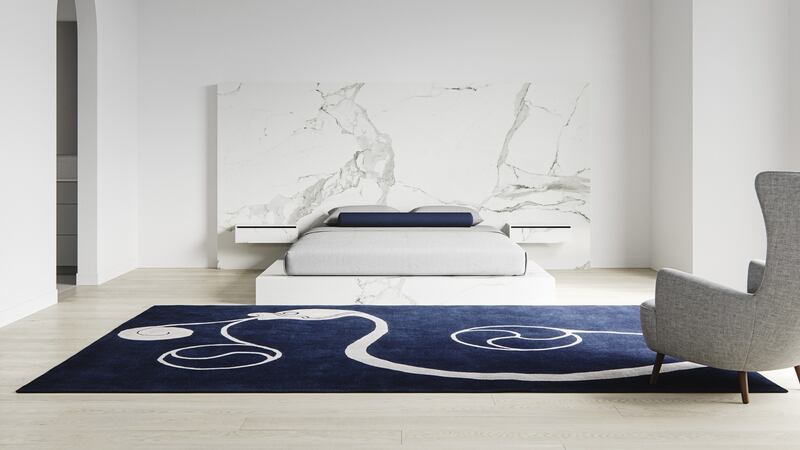 Bedroom interior designed by Rhyme Studio for New York City Soho-based client, featuring the limited edition Suaimhneas rug from the Insula Series and a custom-designed Carrara marble bed.