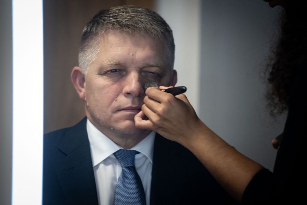 Robert Fico prepares for an electoral TV debate in September. Photograph: Vladimir Simicek/ AFP via Getty Images