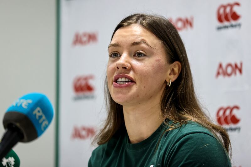 Ireland international Maeve Óg O’Leary talks to the media on Tuesday at the IRFU High Performance Centre at the Sport Ireland Campus in Blanchardstown. Photograph: Ben Brady/Inpho