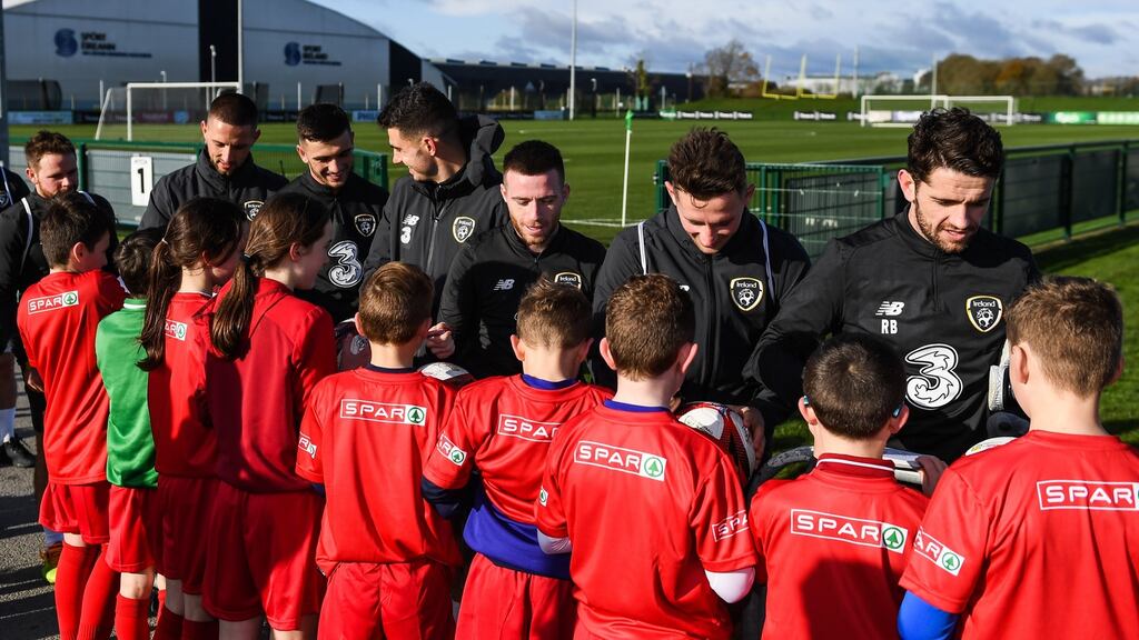 A group of schoolchildren meet the Irish senior football team at their Abbotstown base ahead of Thursday night’s friendly match against New Zealand and next week’s Euro 2020 qualifier versus Denmark. Photograph: Sportsfile