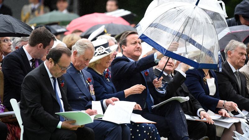 French president Francois Hollande, Prince Charles, Camilla, Duchess of Cornwall, UK prime minister David Cameron and President Michael D Higgins during the commemoration of the centenary of the Battle of the Somme at the Commonwealth War Graves Commission Thiepval Memorial. Photograph: Andrew Matthews