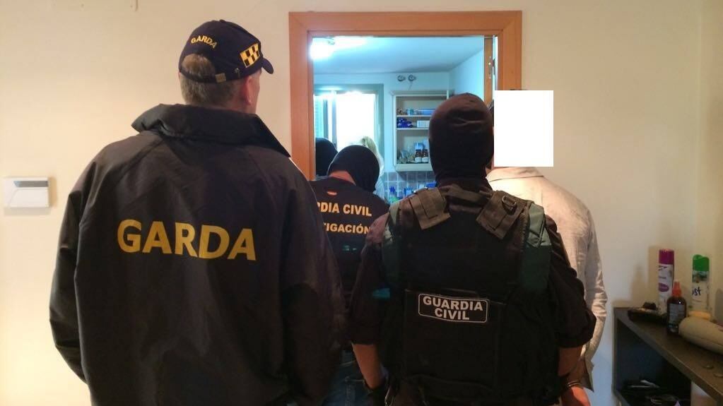 An image released by gardaí showing a man being arrested in Spain as part of an investigation into the murder of Gary Hutch on the Costa del Sol last year.
