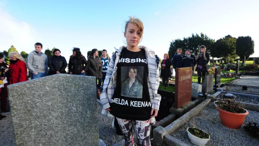 Samantha Keegan, niece of missing Mountmelick woman Imelda Keenan, holds a vigil for the missing woman with family and friends. Photograph: James Flynn/APX