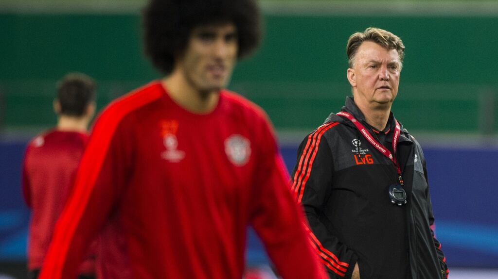Louis van Gaal at Manchester United’s training session in the Volkswagen Arena ahead of their Champions League tie with Wolfsburg. Photo: John MacDougall/Getty Images