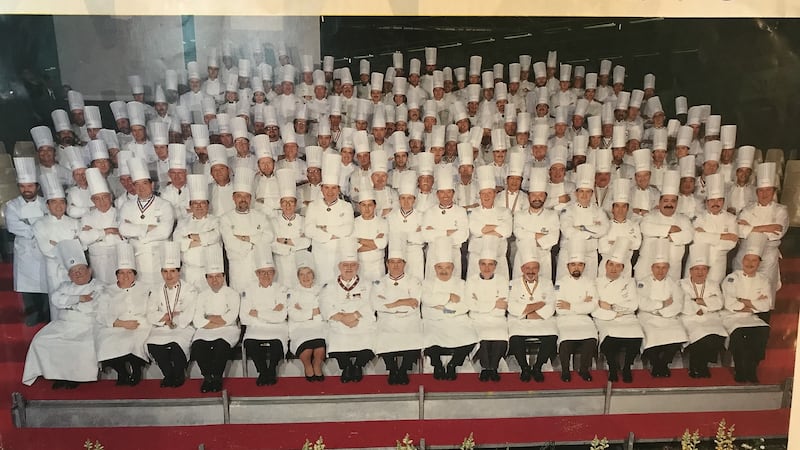 Chefs competing in the Bocuse d’Or culinary competition, including Kevin Thornton, fourth row third from right.