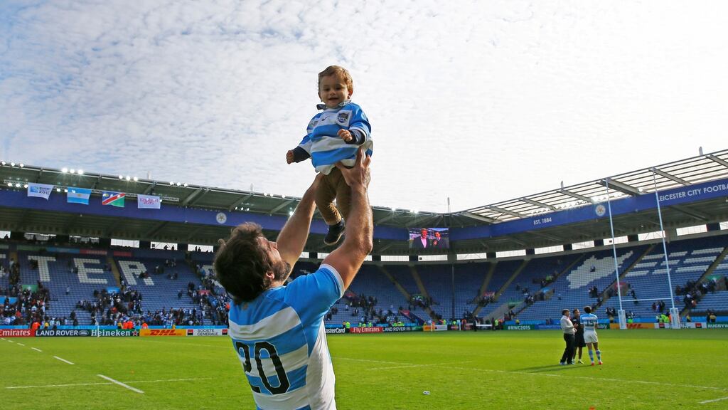 Argentina’s Juan Martin Fernandez Lobbe celebrates after his side’s nine try rout of Namibia in Leicester. Photograph: Reuters