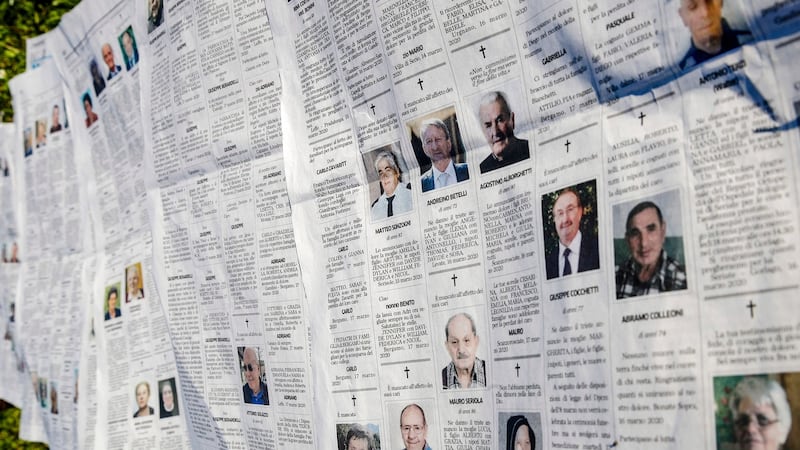 Local newspaper Eco di Bergamo features several pages of obituaries in its March 17th, 2020 edition, in Mediglia, Italy. Photograph: Luca Bruno/AFP