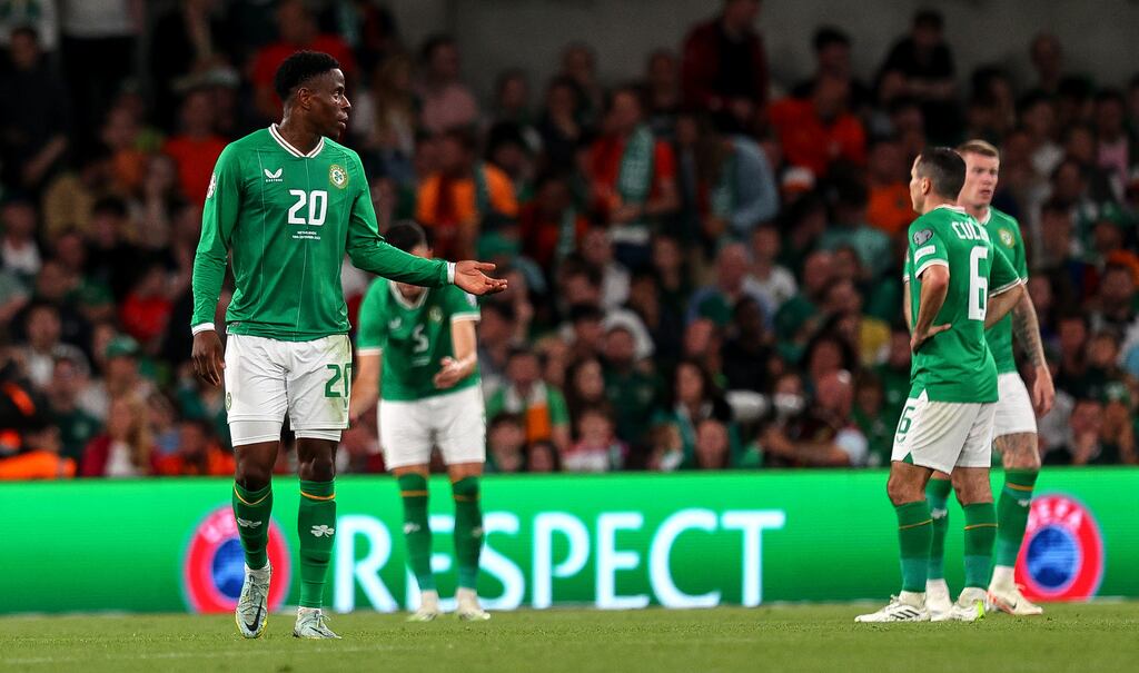 Ireland’s Chiedozie Ogbene and his Republic of Ireland teammates after his side conceded their second goal, Photo: Ryan Byrne/Inpho