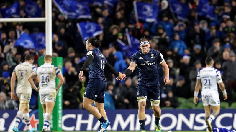 Leinster’s James Lowe celebrates setting up a try with Rhys Ruddock in their Champions Cup Round 4 match against Bath at the Aviva Stadium on December 15th, 2018. Photograph: Laszlo Geczo/Inpho