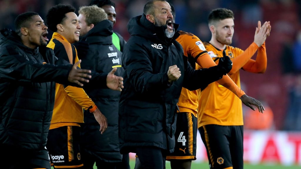 Wolverhampton Wanderers manager Nuno Espirito Santo (centre) celebrates after the final whistle during the Sky Bet Championship match against Middlesbrough at Riverside Stadium. Photograph: Richard Sellers/PA Wire