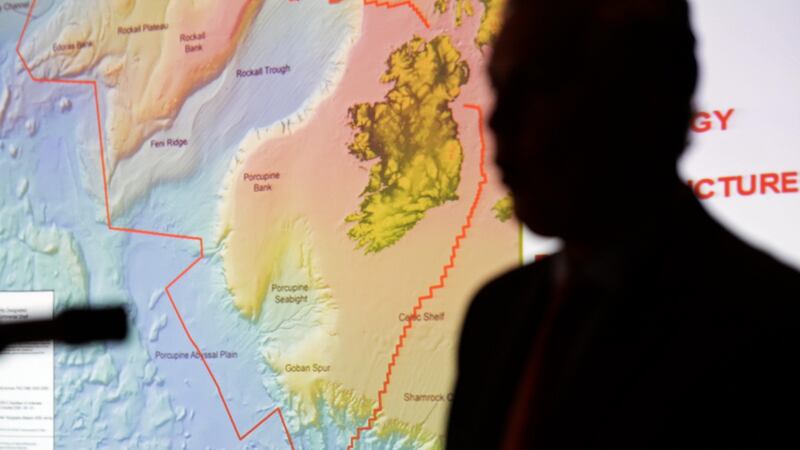 Tony O’Reilly jnr, chief executive of Providence Resource, in front of a map showing prospecting options. Photograph: Eric Luke