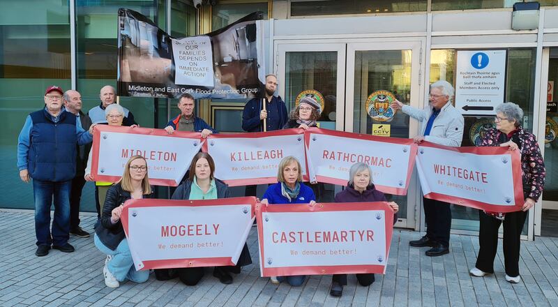 Members of Midleton And East Cork Flood Relief Group protest at Cork County Hall. Photograph: Barry Roche
