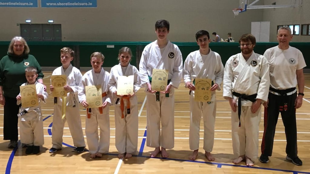 Grading ceremony at Greystones Karate Club in June. (left to right): Sensei Lynne Loftus, Demid Ivanov-Ryzov, Oisin Young , Ewan Macadam, Kate Macadam, Ruairí Ó Cléirigh, Eoin Davy, Sensei Conan Sherlock, Sensei Dave Blaides.