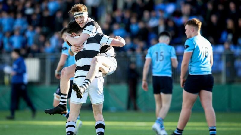 Belvedere’s David Lacey celebrates with Ted Walsh after landing the winning conversion with the final kick of the game in the Bank of Ireland Leinster Schools Senior Cup semi-final against St Michael’s at Donnybrook Stadium. Photograph: Gary Carr/Inpho