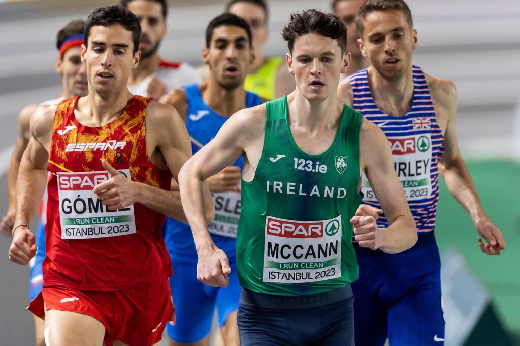 Ireland’s Luke McCann on his way to finishing fifth and advancing to the final of the 1,500m at the European Indoor Championships, at the Ataköy Athletics Arena in Istanbul, Turkey. Photograph: Morgan Treacy/Inpho