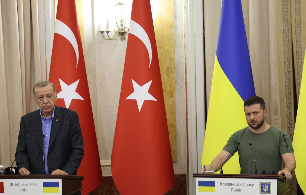 Turkish president Recep Tayyip Erdogan and Ukrainian president Volodymyr Zelenskiy: Turkey hosted two failed rounds of peace talks between Ukraine and Russia, and helped broker a mid-year deal for the shipment of Ukrainian and Russian grain to global markets. Photograph: Dimitar Dilkoff/AFP