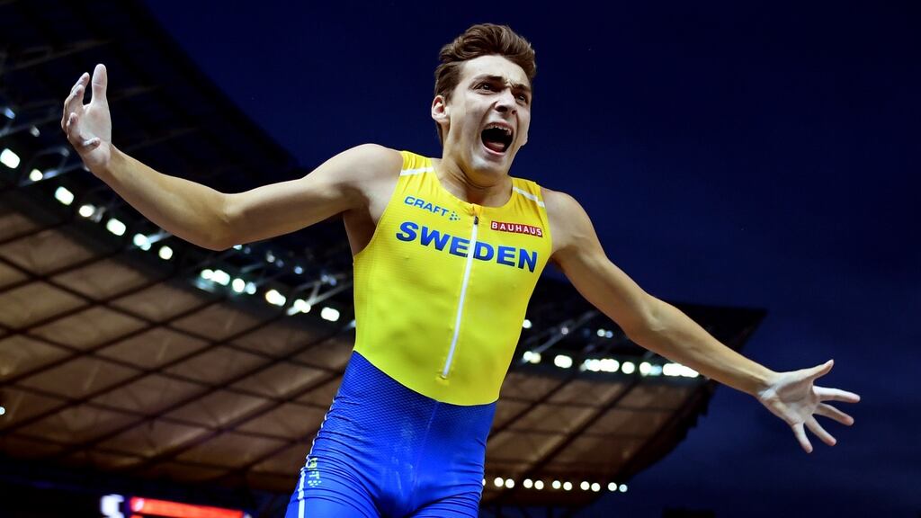 Armand Duplantis of Sweden reacts after winning gold in the Men’s Pole Vault final last Sunday at the European Athletics Championships in the Berlin Olympiastadion. Photograph: Matthias Hangst/Getty Images