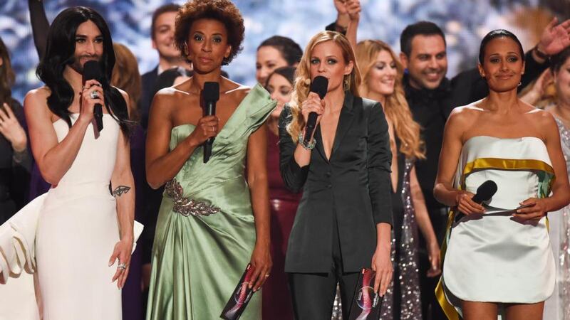 Conchita Wurst, Mirjam Weichselbraun, Alice Tumler and Arabella Kiesbauer perform on stage during the first semi-final of the Eurovision Song Contest 2015 on in Vienna, Austria. The final will take place on May 23rd, 2015. Photograph: Nigel Treblin/Getty Images