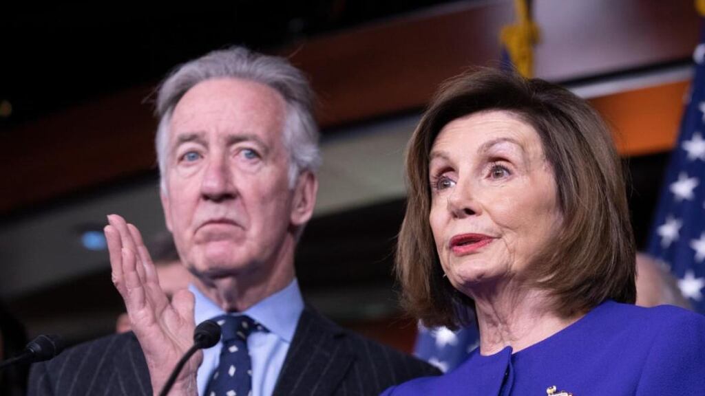 Speaker of the house Nancy Pelosi and  chairman of the house ways and means committee Richard Neal  during a news conference on USMCA in Washington. Photograph: Michael Reynolds/EPA