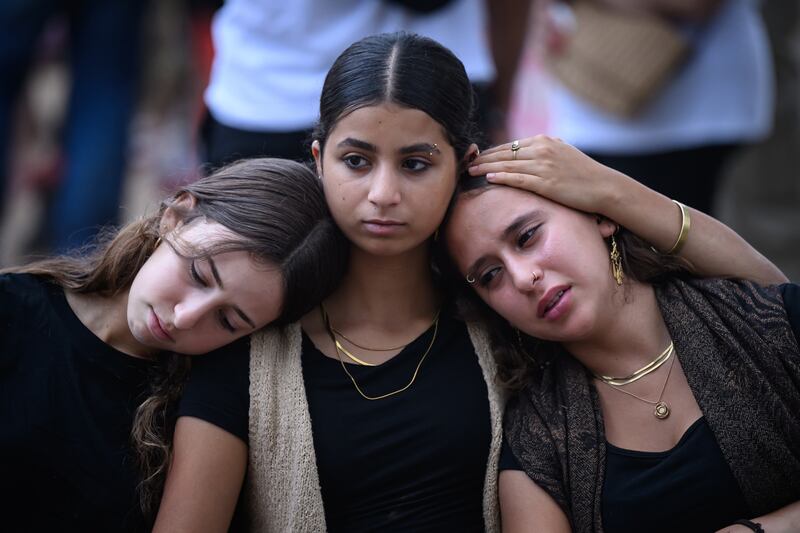 Family members and friends of the lost and kidnapped gather at the site of the Nova Festival to mark the one-year anniversary of the attacks by Hamas on October 7th Photograph: Leon Neal/Getty Images