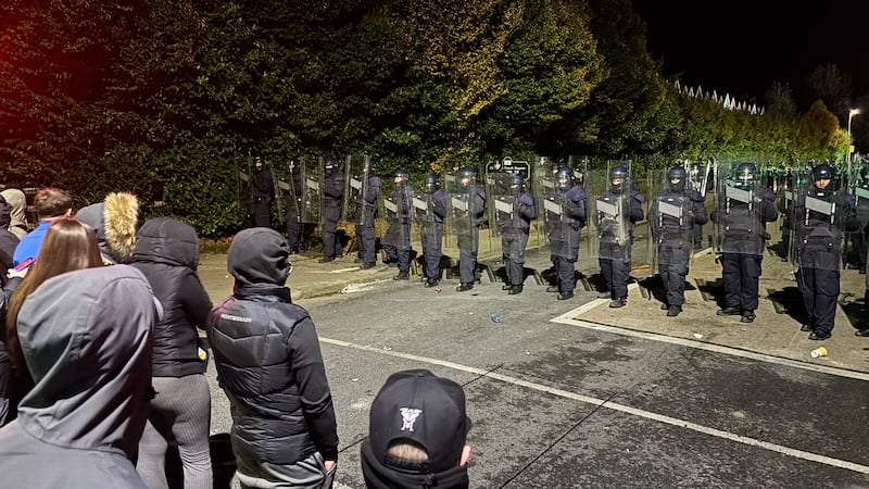 Gardaí block protesters near the former Citywest Hotel in Saggart after disturbances flared outside the IPAS centre. Photograph: Niall Carson/PA Wire