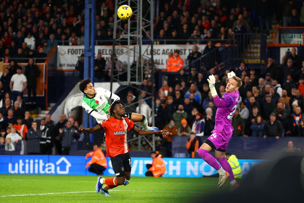 Luis Diaz of Liverpool scores the equaliser in the Premier League clash with Luton. Photograph: Clive Rose/Getty Images