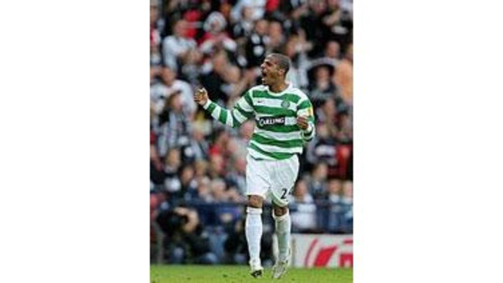 Jean-Joel Perrier Doumbe celebrates his Tennents Scottish Cup
Final winner for Celtic against Dunfermline Athletic at Hampden
Park