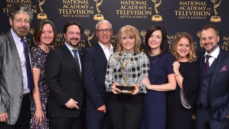 Emmy winners: Emer Reynolds and the Farthest team with their award