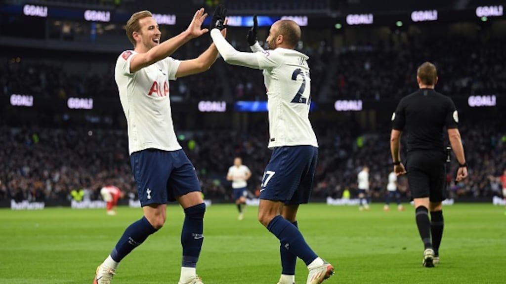 Lucas Moura of Tottenham Hotspur celebrates with teammate Harry Kane after scoring their side’s second goal. Photograph: Alex Davidson/Getty Images