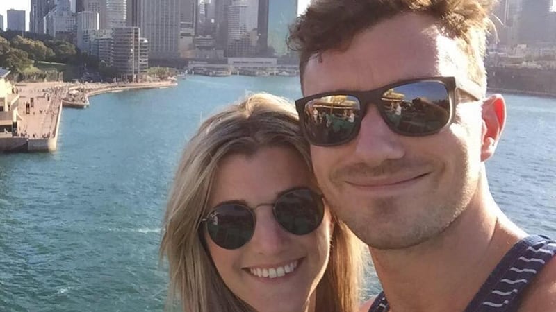Jane with her fiancé at Sydney Harbour Bridge.