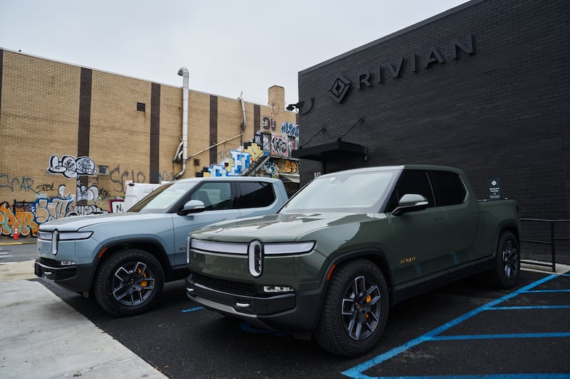 Rivian R1T electric pickup trucks in Brooklyn, New York. Photograph: Bing Guan/Bloomberg