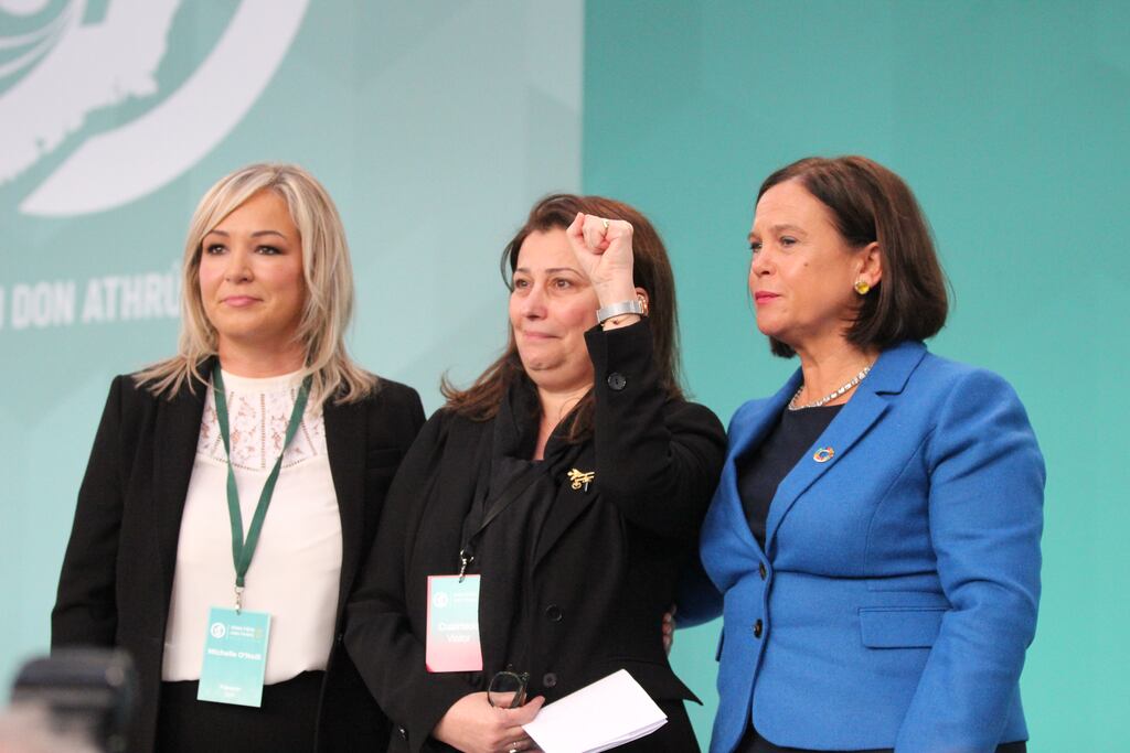 Sinn Féin vice-president Michelle O'Neill, the Palestinian ambassador to Ireland Dr Jilan Wahba Abdalmajid and party leader Mary Lou McDonald at the Sinn Féin ardfheis at the Technological University of Shannon in Athlone, Co Westmeath, on Saturday. Photograph: Sinn FéinSinn Fein/PA Wire