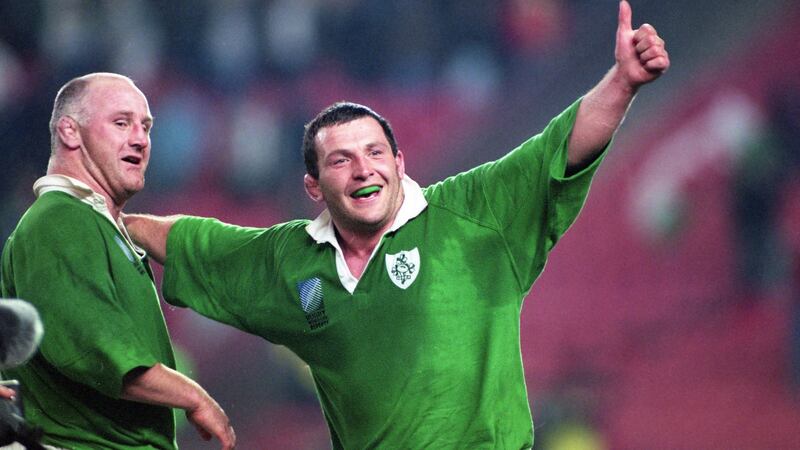 Ireland’s Gary Halpin and Nick Popplewell celebrate the win over Wales in Ellis Park, Johannesburg during the Rugby World Cup in 1995. Photograph: Billy Stickland/Inpho