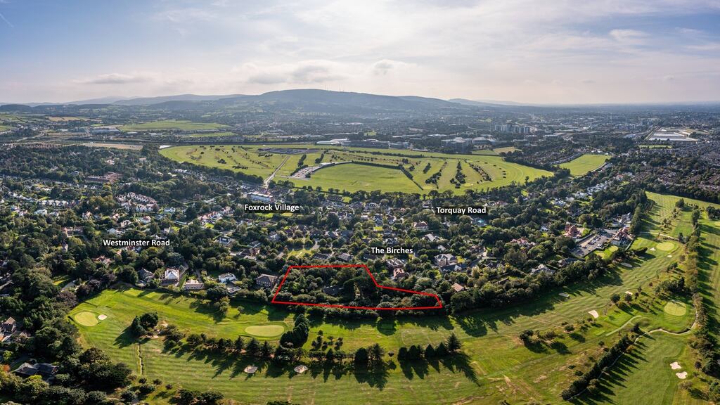 An aerial view shows the Birches site’s proximity to Foxrock village and position next to Foxrock Golf Club