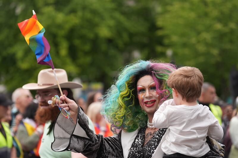 People take part in the Belfast Pride Parade, in the city centre. The parade started in 1991 and over the last 30 years has grown to be the largest single parade in Northern Ireland. Photograph: Brian Lawless/PA Wire