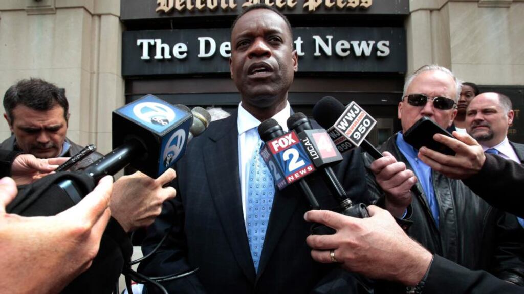 Detroit’s Emergency Financial Manager Kevyn Orr talks to members of the media outside the Detroit Newspapers building in Detroit, Michigan in this file photo. Photograph: Rebecca Cook /Reuters