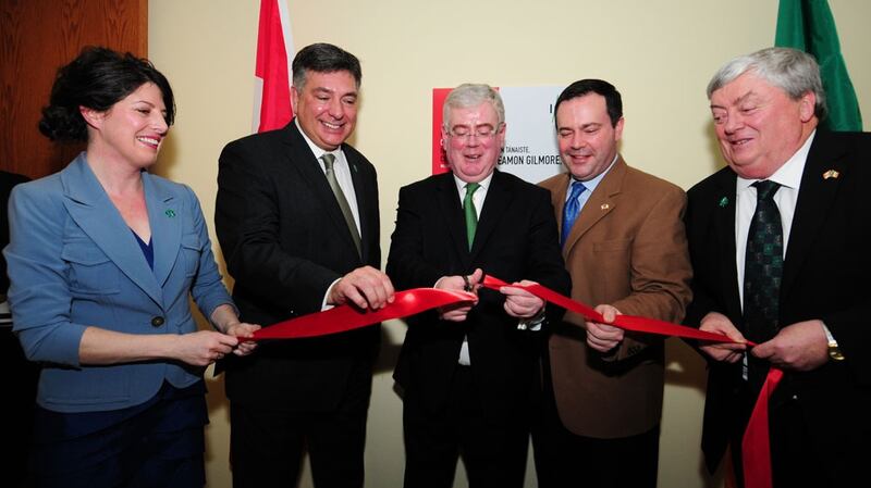 Cathy Murphy with then tánaiste Eamon Gilmore, Canada’s minister for citizenship and immigration Jason Kenney, Irish ambassador Ray Bassett, and Eamonn O’Loughlin at the opening of the Irish Canadian Immigration Centre in Toronto in 2012.