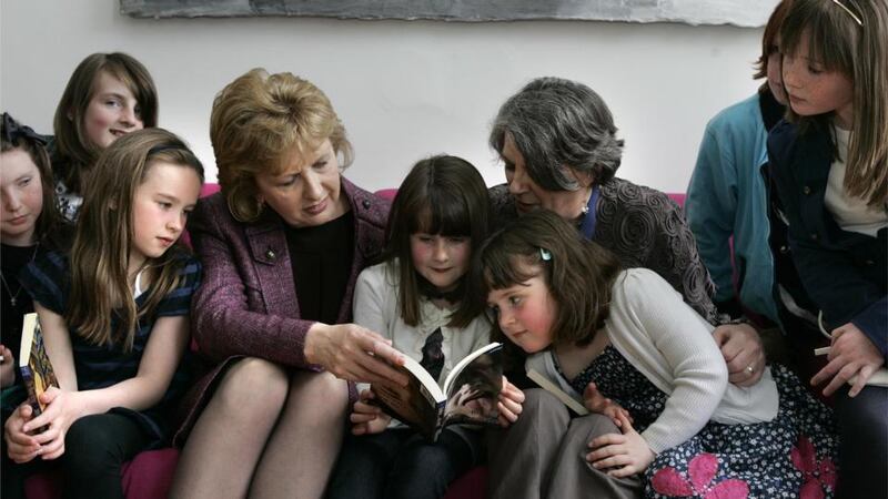 Siobhan Parkinson with then president Mary McAleese at her inauguration as the first Laureate na nOg or Children’s Laureate in 2010, the year she founded Little Island, with, from left; Roisin Whelan, Ellen O Brien, Martha O Leary, Katie O Brien, Maeve O Biren, Dylan Carroll and Ellie Smith Photograph: Dara Mac Dónaill